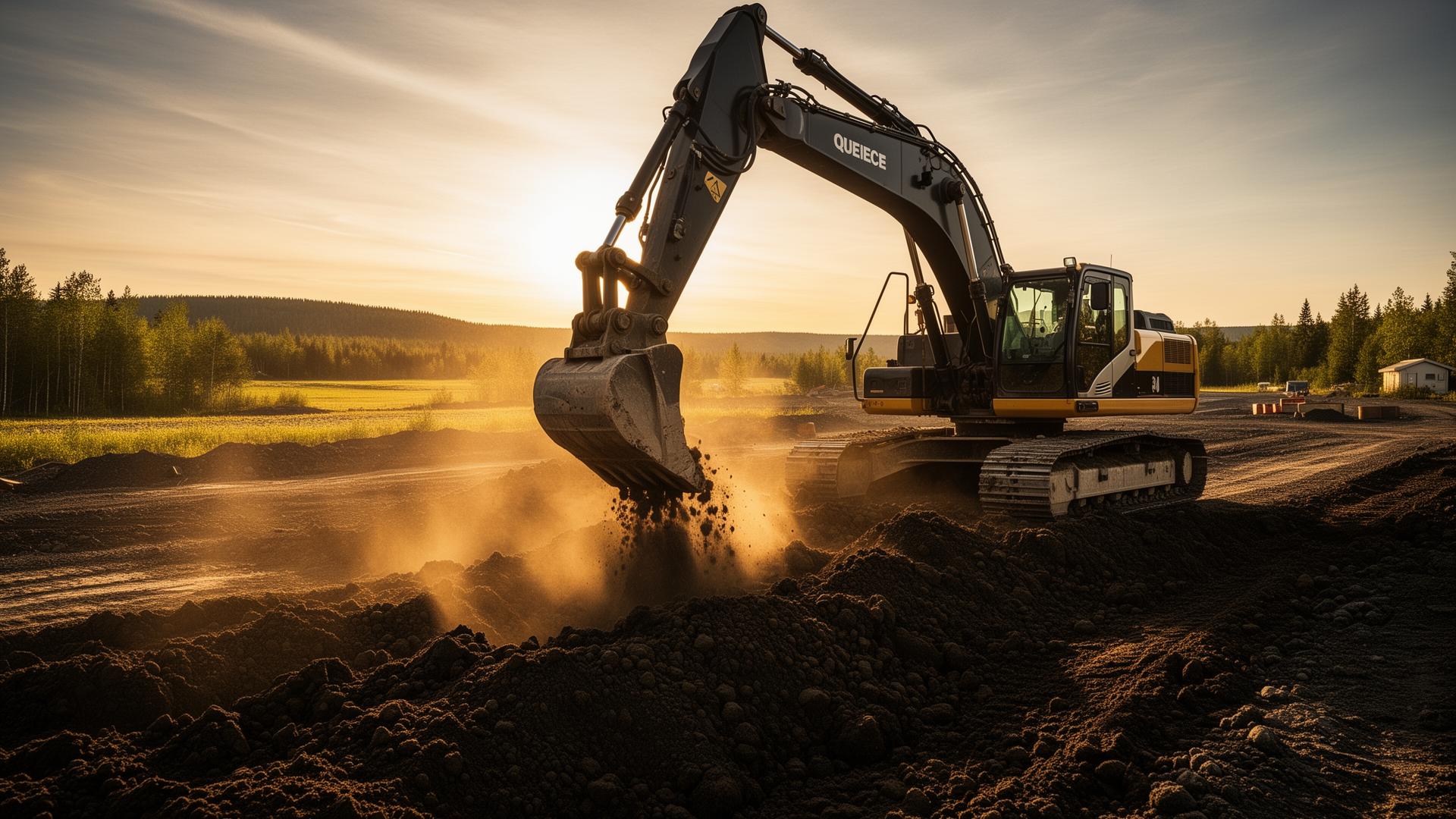 Travaux d'excavation au coucher du soleil
